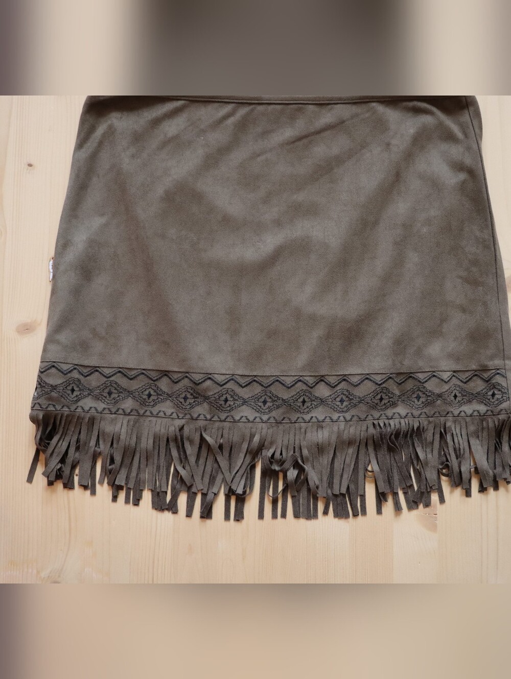 Suede Fringe Mini Skirt with Embroidered Trim - Olive